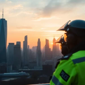 A picturesque view of Boston city skyline with police presence symbolizing authority and governance.