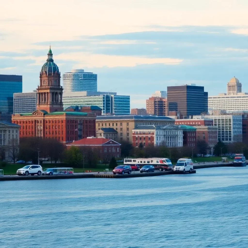 A view of Boston skyline with landmarks in the foreground.