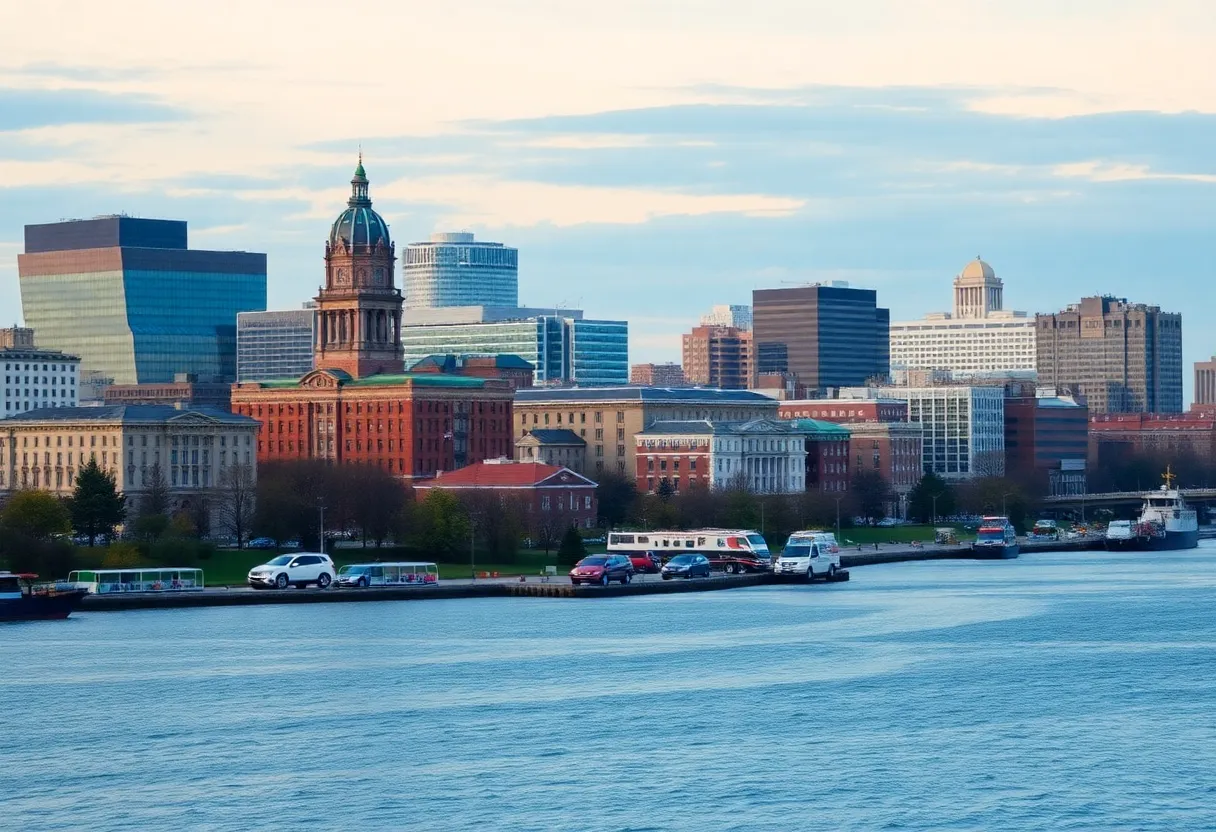 A view of Boston skyline with landmarks in the foreground.