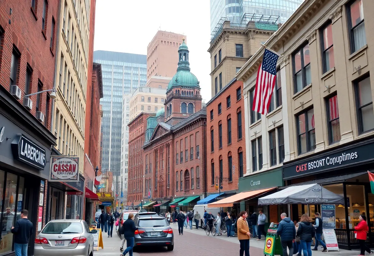 A view of small businesses in Boston with government buildings in the background.