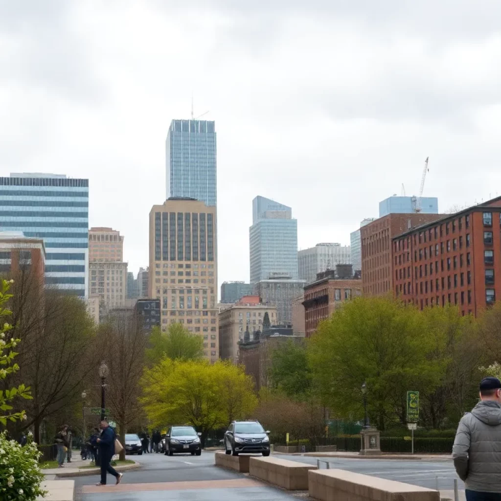 A view of Boston in spring with clouds and light rain.