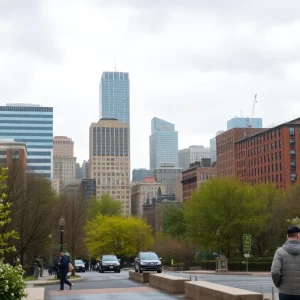 A view of Boston in spring with clouds and light rain.