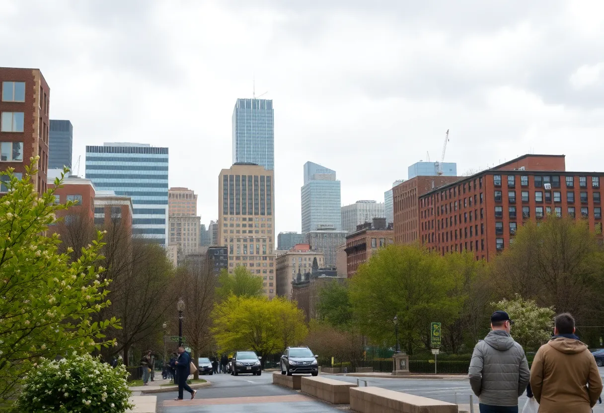 A view of Boston in spring with clouds and light rain.