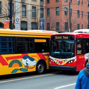 Boston transit scene with shuttle buses and community events