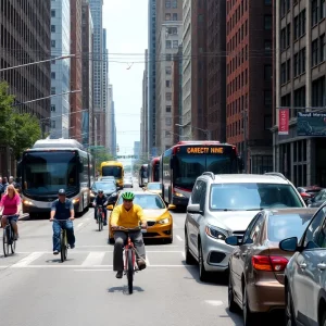 Various modes of transportation in Boston, including bikes and buses.