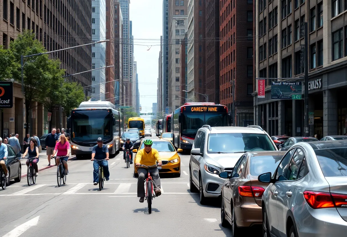 Various modes of transportation in Boston, including bikes and buses.