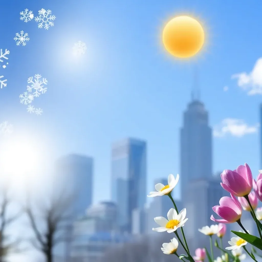 Collage showing Boston's weather conditions in April 2023 including snow and sunshine.
