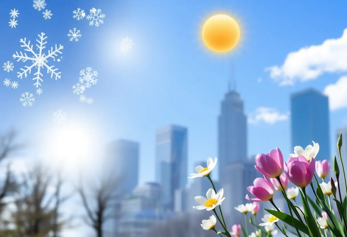 Collage showing Boston's weather conditions in April 2023 including snow and sunshine.