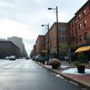 A street in Boston during a spring nor’easter with rain and cold weather.