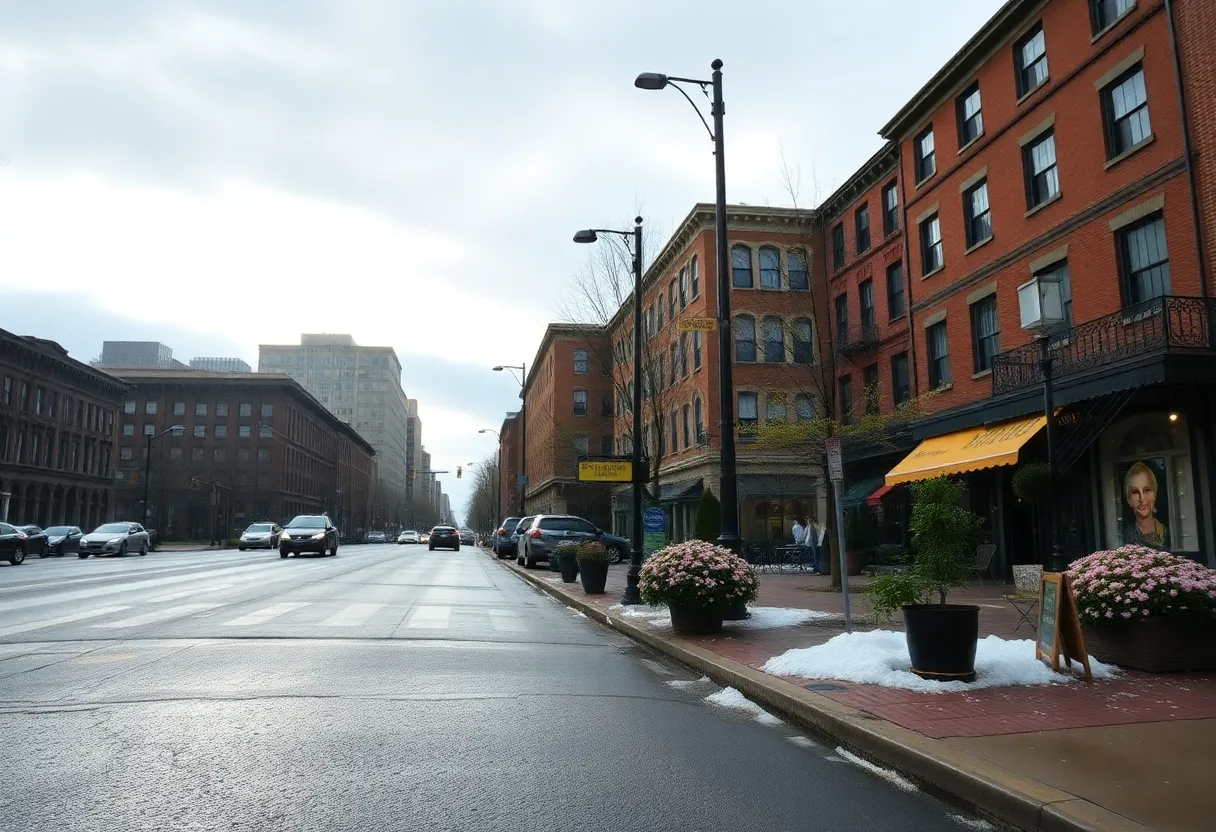 A street in Boston during a spring nor’easter with rain and cold weather.