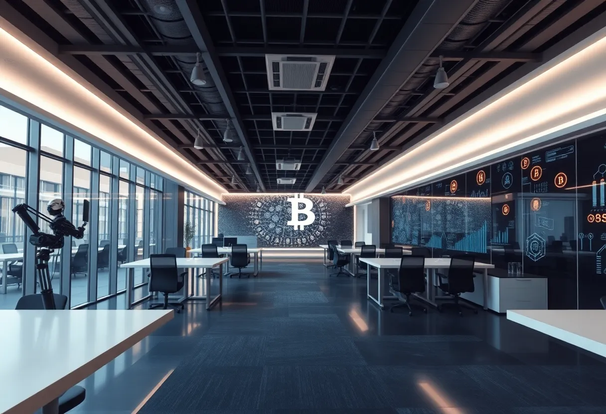 Futuristic office representing AI and cryptocurrency innovation