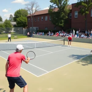 Players competing in a tennis match during the BSU Men's Tennis semifinals