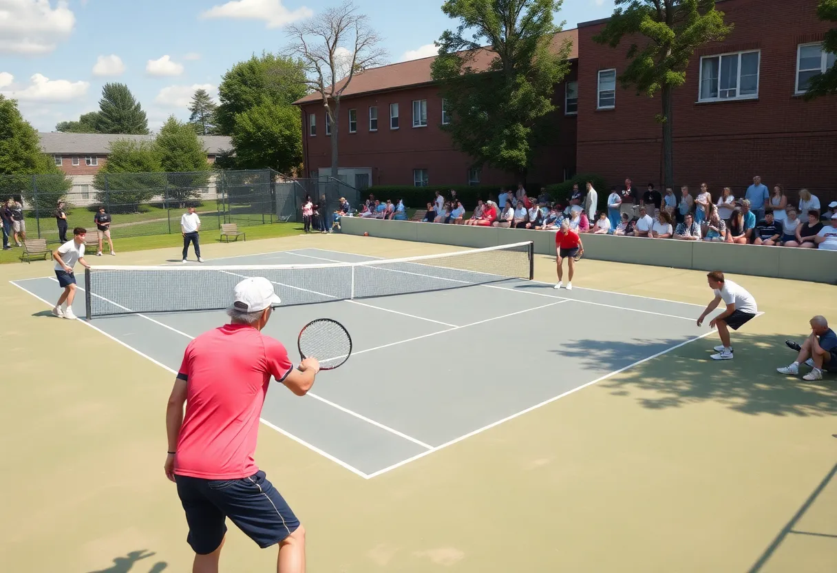 Players competing in a tennis match during the BSU Men's Tennis semifinals