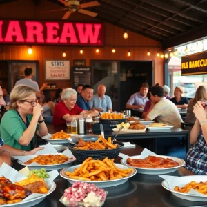 Outdoor dining at B.T.'s Smokehouse with barbecue dishes