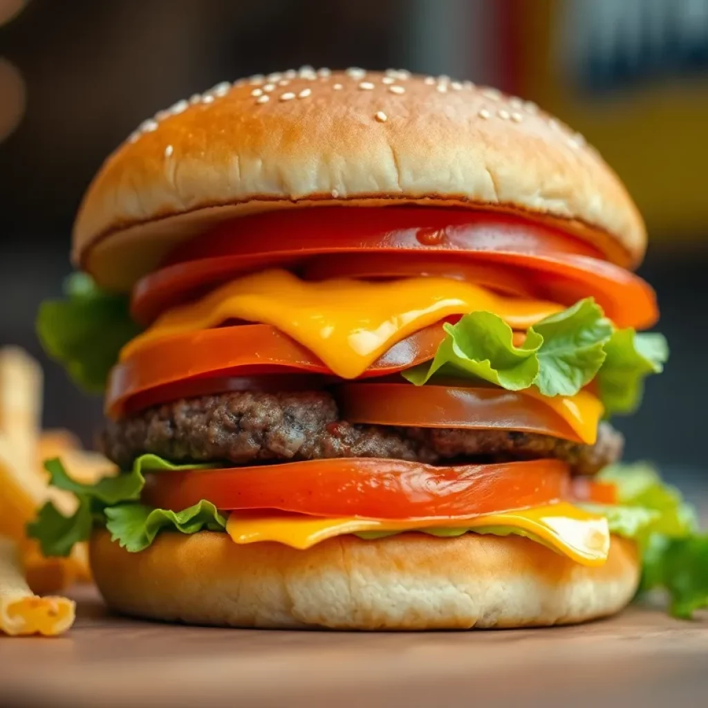 Close-up of a Whopper burger showcasing fresh ingredients.