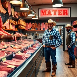 Welcoming butcher shop with displays of fresh meat.
