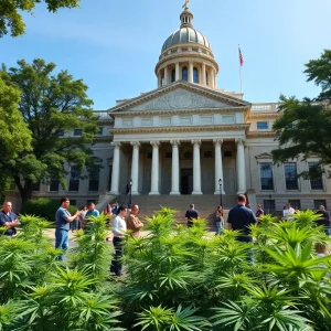 Group discussing cannabis policies outside a Massachusetts legislative building