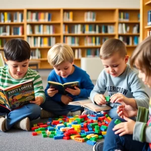 Children at the Boston Public Library participating in literacy programs with LEGO bricks.