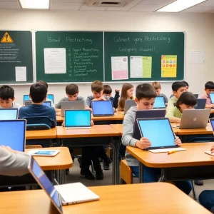 Students in a classroom using Chromebooks safely with a warning notice visible.