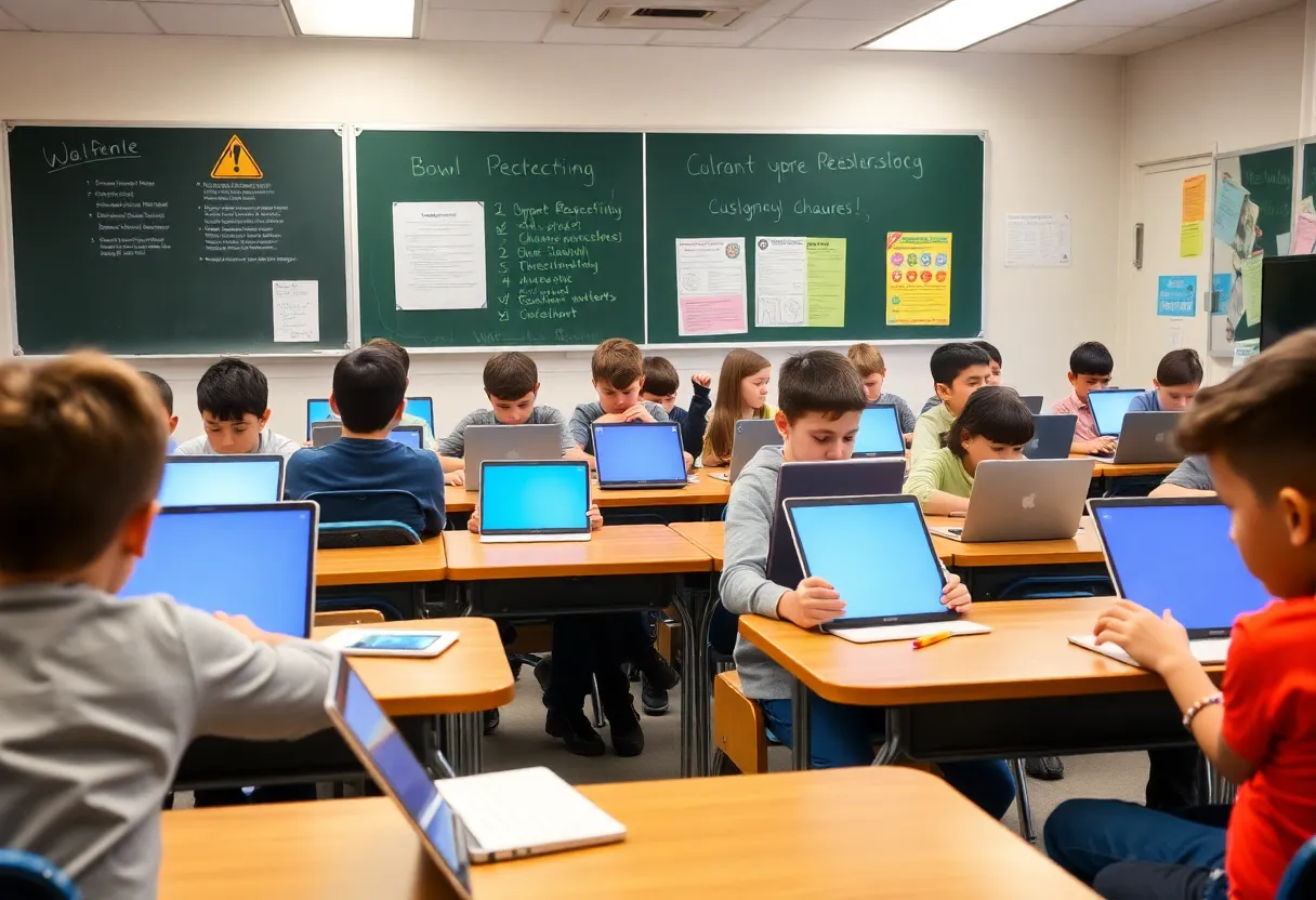 Students in a classroom using Chromebooks safely with a warning notice visible.