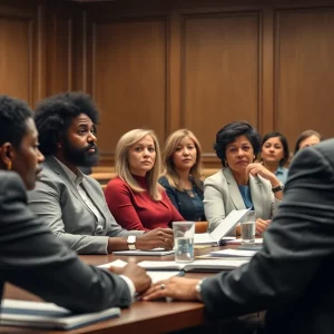 Members of a city council engaged in a serious discussion during a meeting.