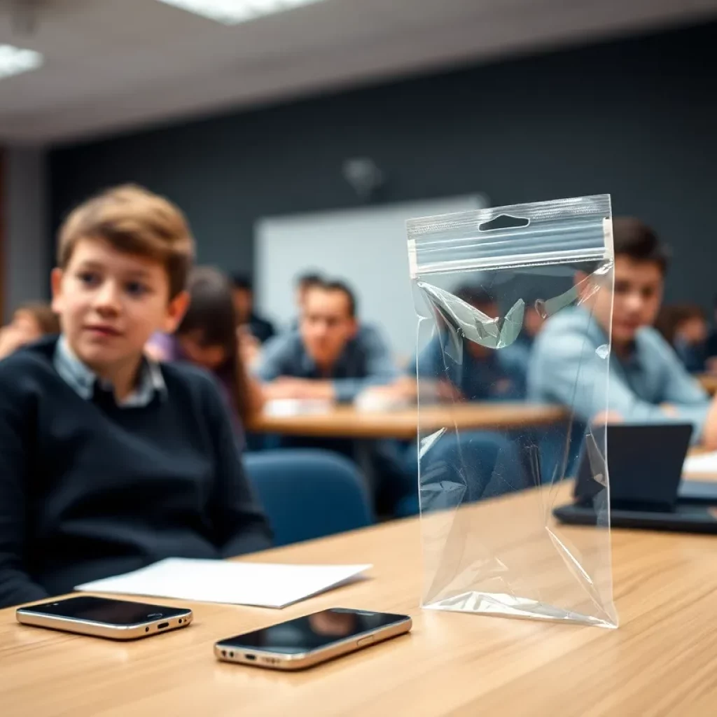 Students in classroom with cellphones stored in pouches
