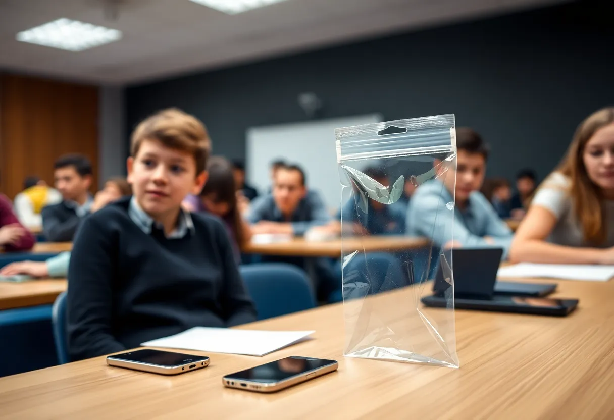 Students in classroom with cellphones stored in pouches