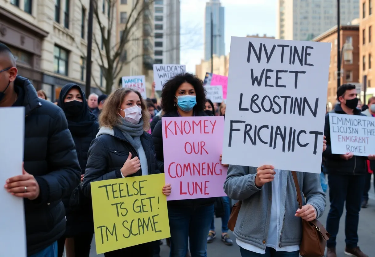 Community members holding signs at a rally opposing ICE detainment actions in Chelsea.