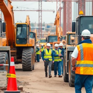 Construction site showing workers and heavy equipment amidst safety precautions.