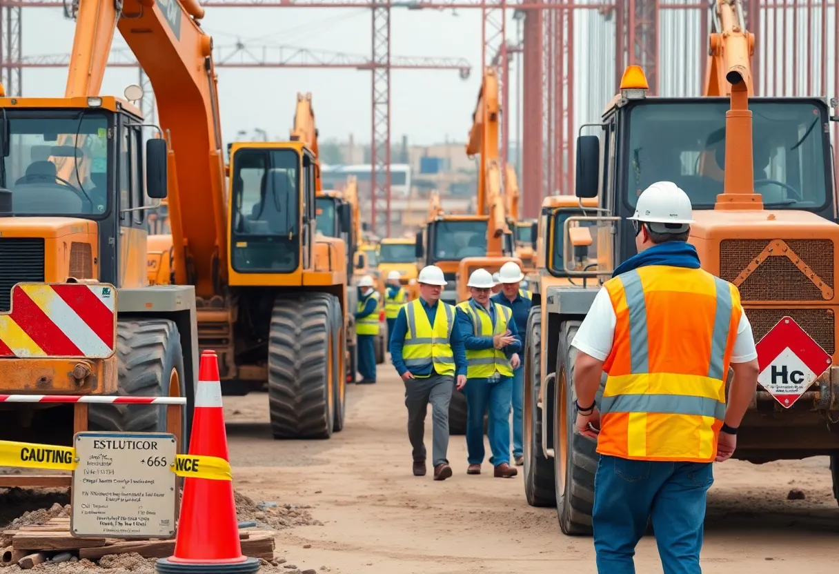 Construction site showing workers and heavy equipment amidst safety precautions.
