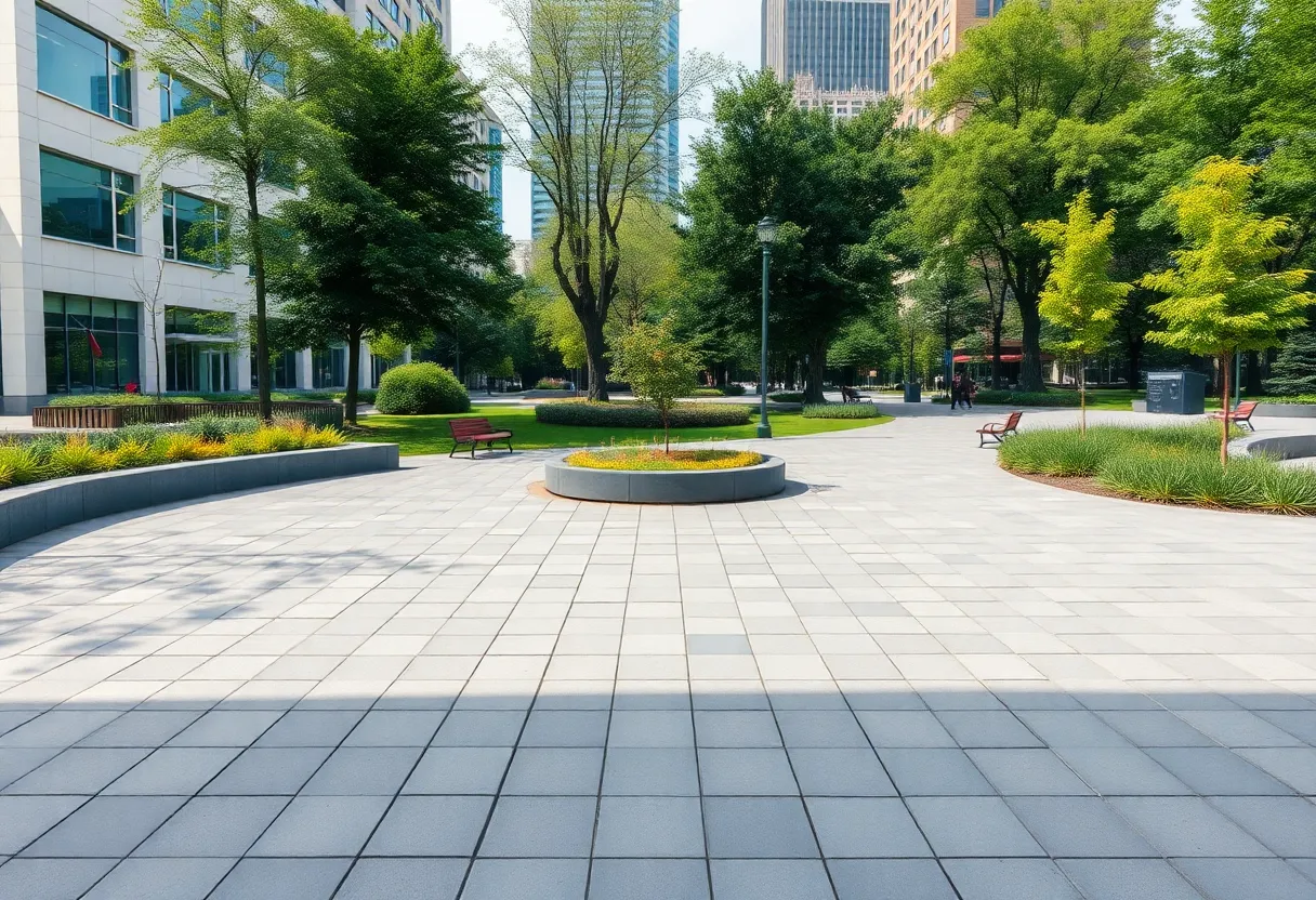 Renovated Copley Square Park with gray stones and limited greenery
