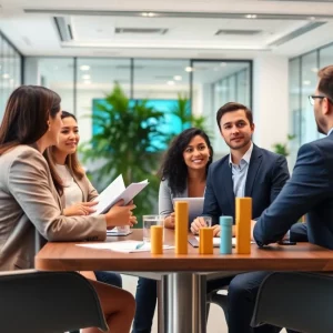 Business team strategizing financial growth in an office.
