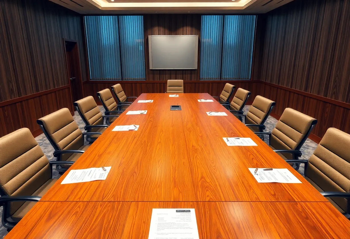 Boardroom setting with financial documents and chairs