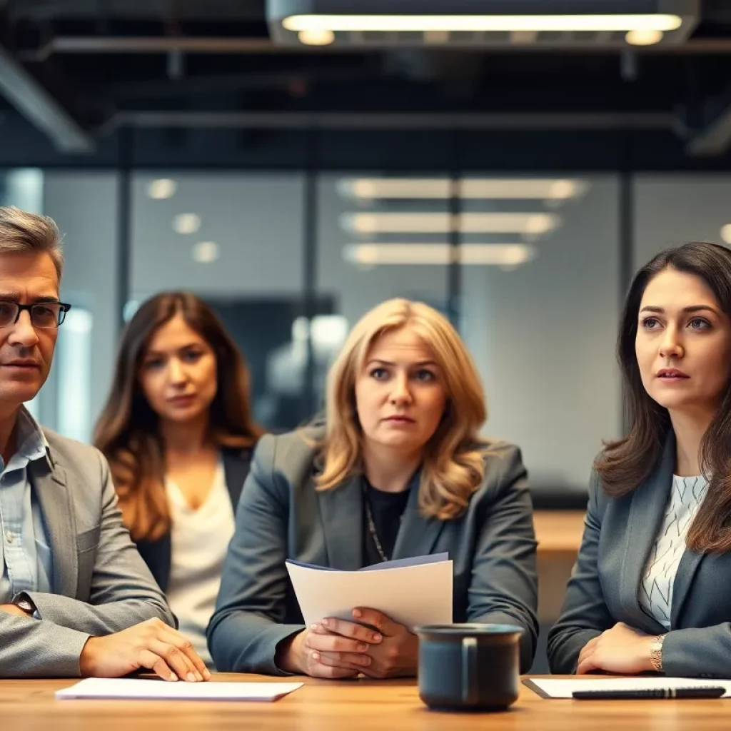 Business professionals discussing a corporate scandal in a modern office.