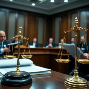 Lawyers discussing embezzlement in a courtroom setting