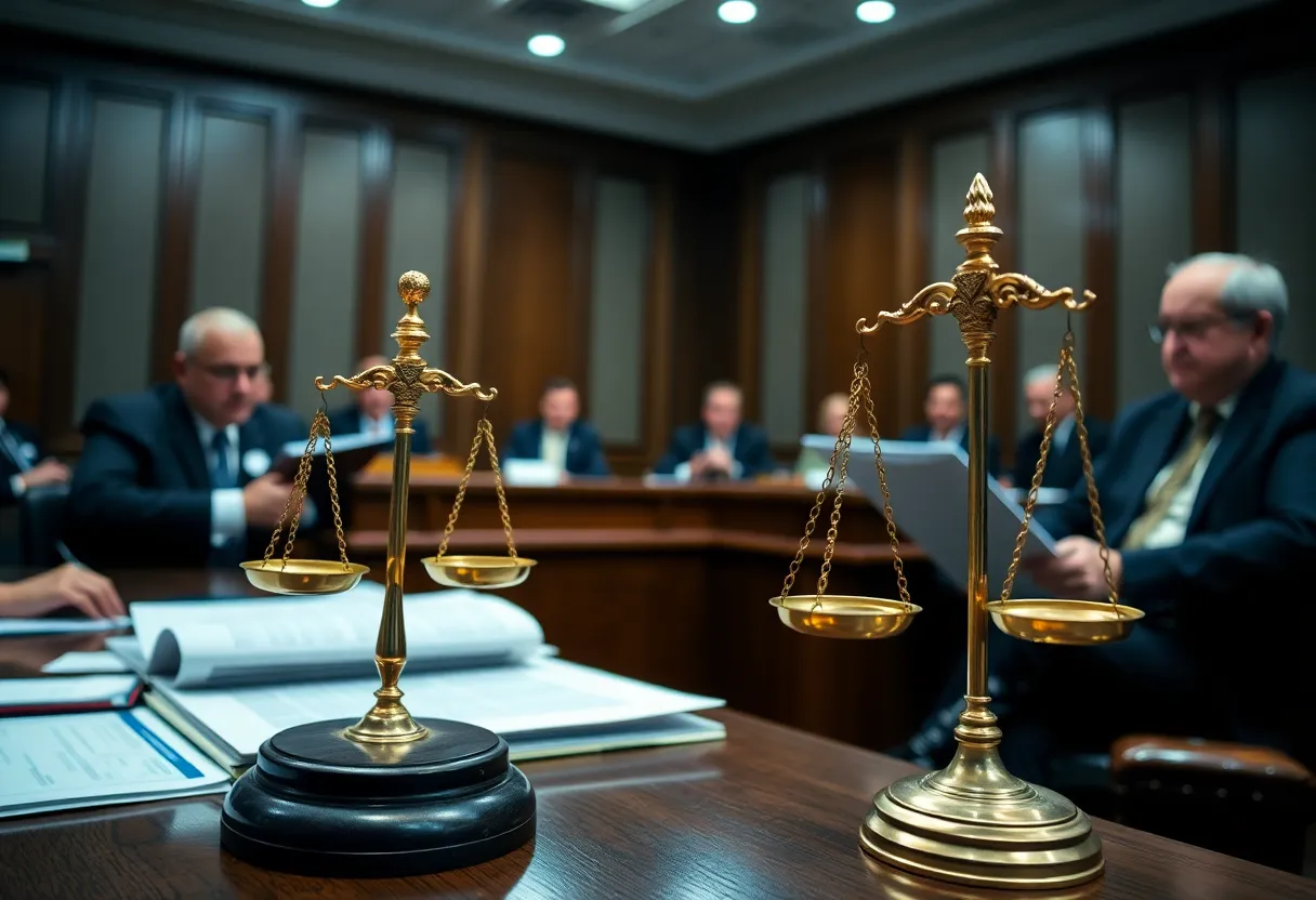 Lawyers discussing embezzlement in a courtroom setting