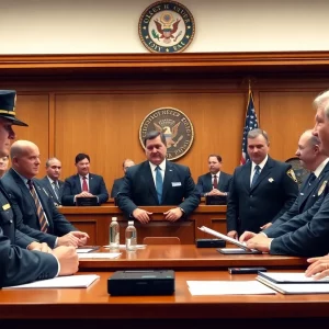 Courtroom scene representing identity theft and voter fraud prosecution.