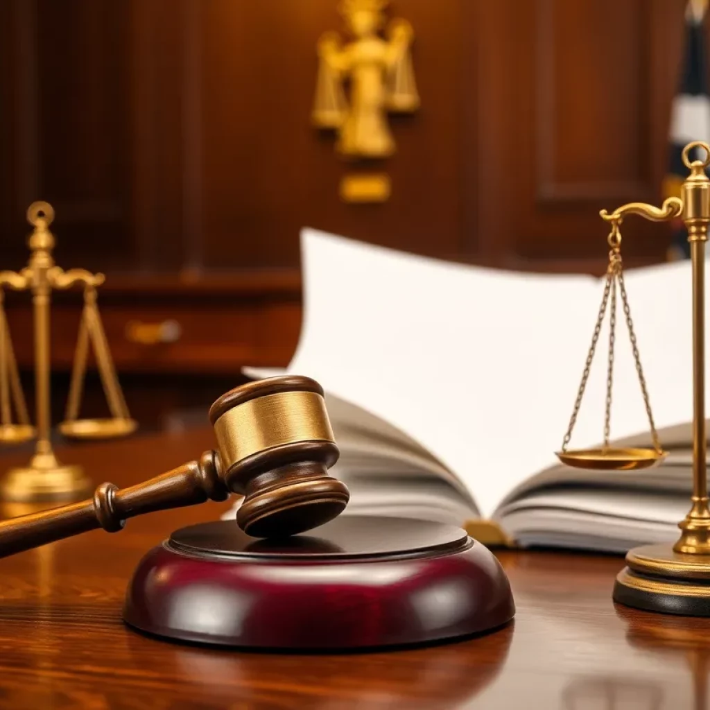 A courtroom filled with symbols of justice, depicting the legal system.