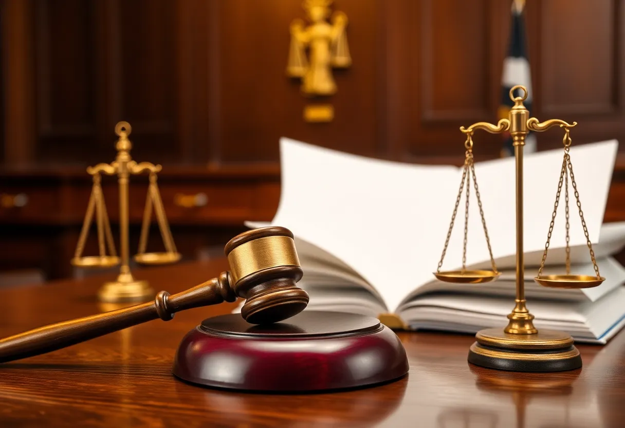 A courtroom filled with symbols of justice, depicting the legal system.