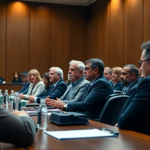 A diverse group discussing renewable energy projects in a courtroom setting.