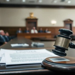 A courtroom with legal proceedings underway, focusing on the judge's gavel and legal documents.
