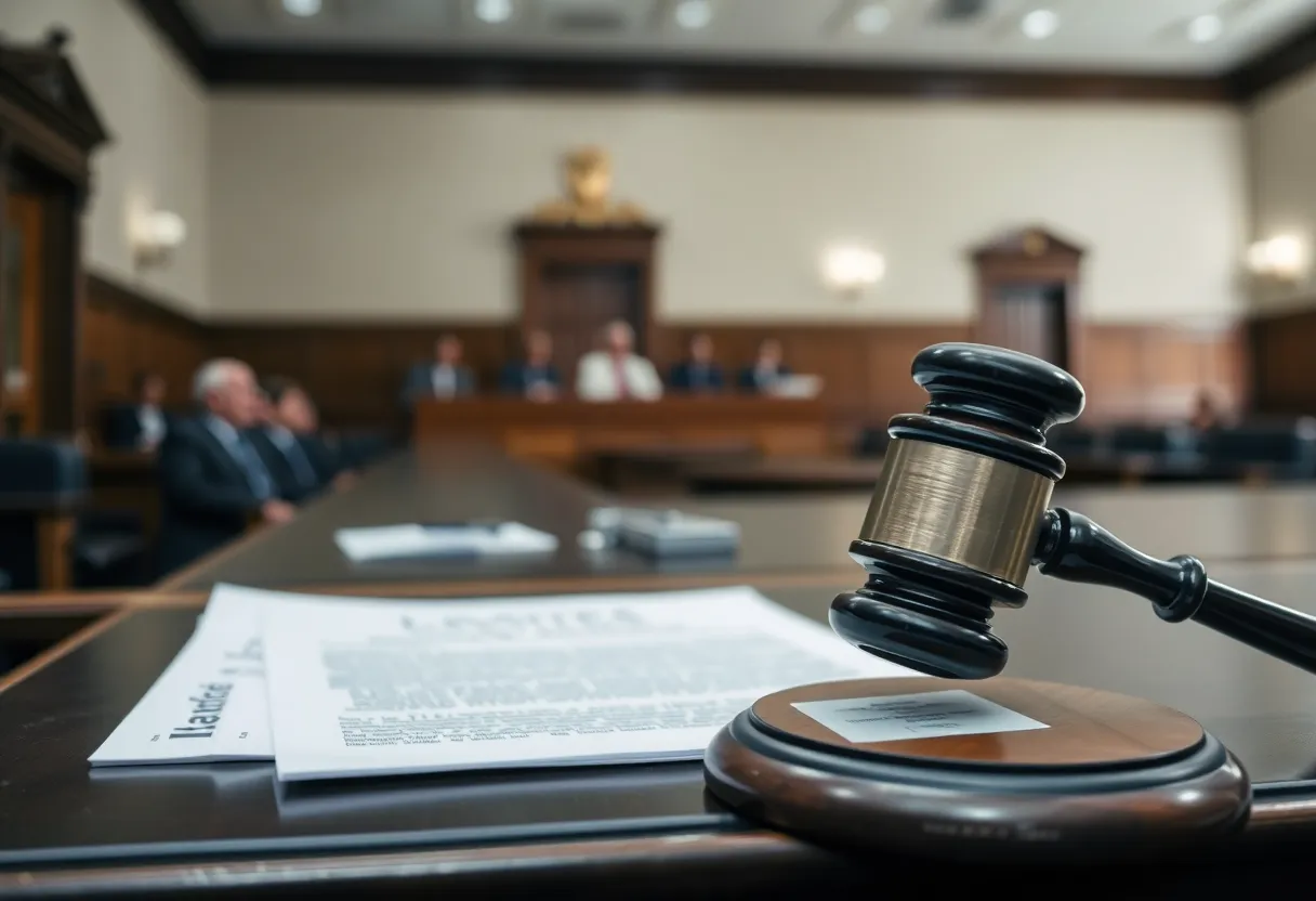 A courtroom with legal proceedings underway, focusing on the judge's gavel and legal documents.