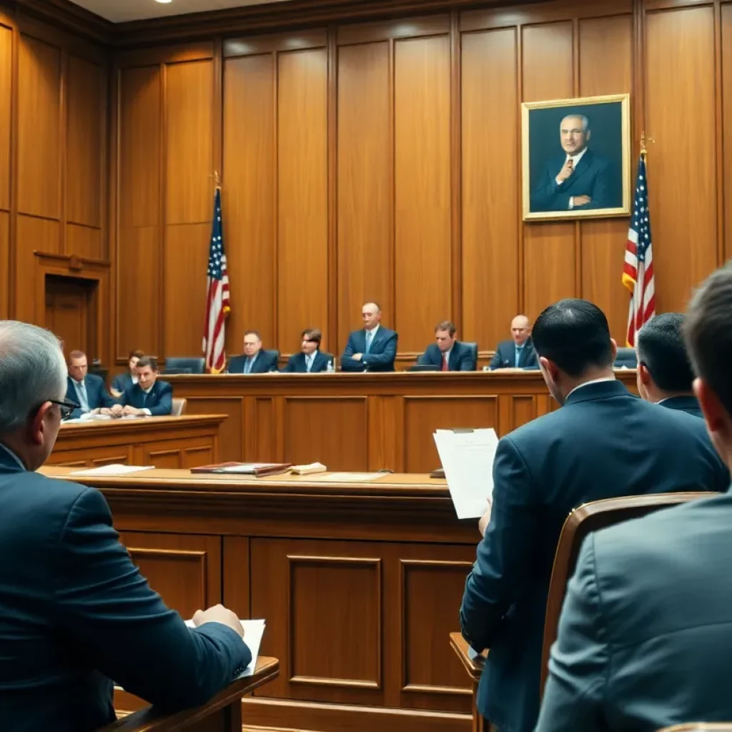 A courtroom with lawyers and jury members during a trial