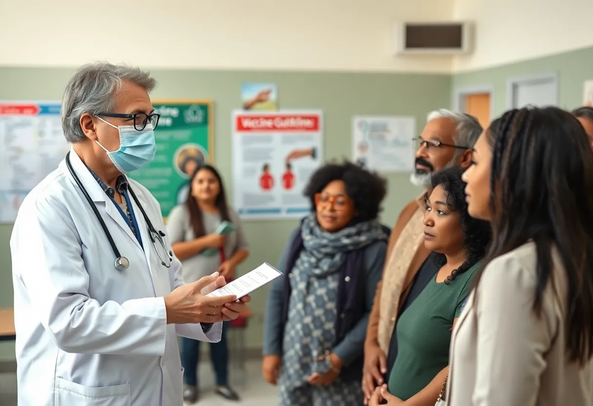 Healthcare professional explaining COVID-19 vaccine eligibility to a diverse group.