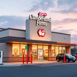 Exterior view of a Cumberland Farms convenience store with EV charging stations