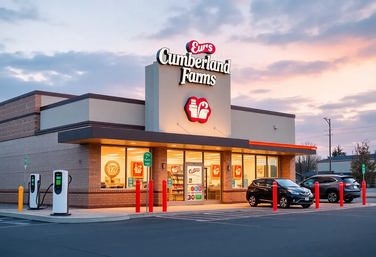 Exterior view of a Cumberland Farms convenience store with EV charging stations