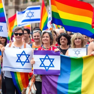 Group of diverse individuals celebrating Pride with colorful flags and symbols of inclusivity.