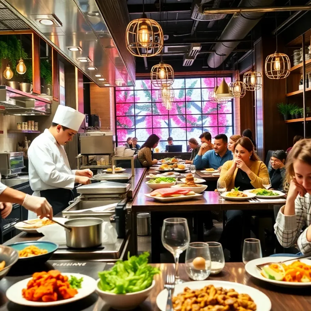 Chefs preparing dishes in a busy restaurant