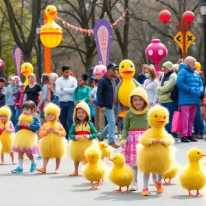 Children participating in the Duckling Day Parade wearing costumes