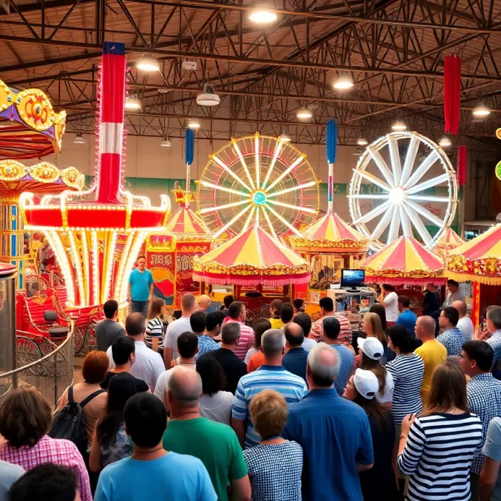 A bustling auction scene at Edaville Railroad with various amusement rides.